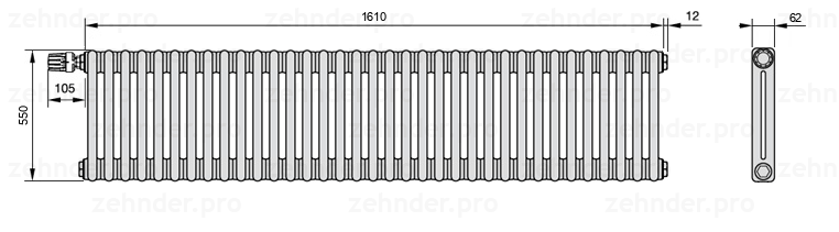 Схема (чертеж) Радиатор Zehnder Charleston 2055/35 №V012 Белый глянцевый RAL 9016